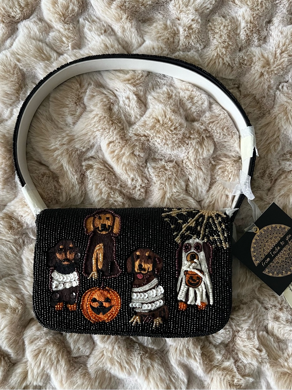 NEW From India to you Black beaded purse with Halloween-themed dogs Motif